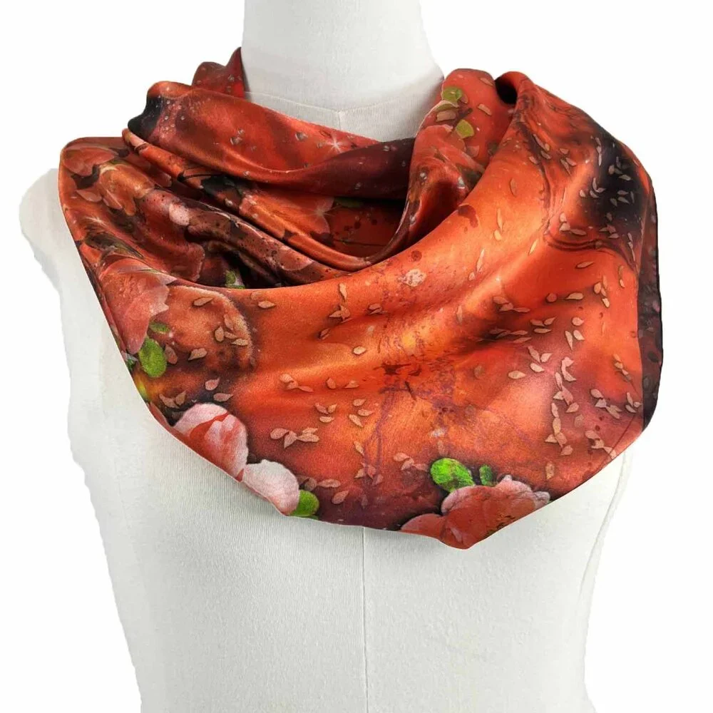 Deep Orange & Pink Petals Square Pure Silk Scarf Wrap - Picture 2 of 11